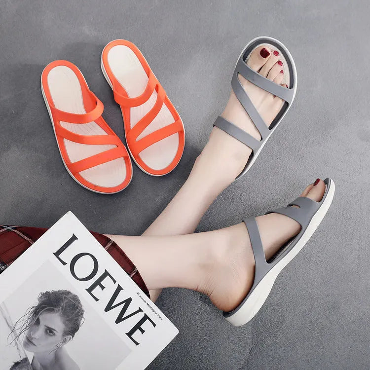 A pair of solid-colour women's casual sandals with a breathable PP upper, shown in one of six available colours.