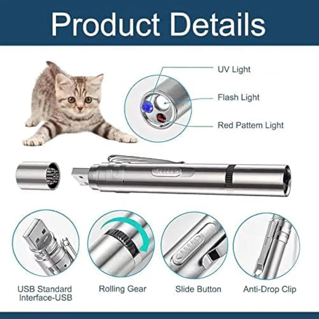 Silver aluminium alloy cat laser pointer toy with multiple light pattern modes