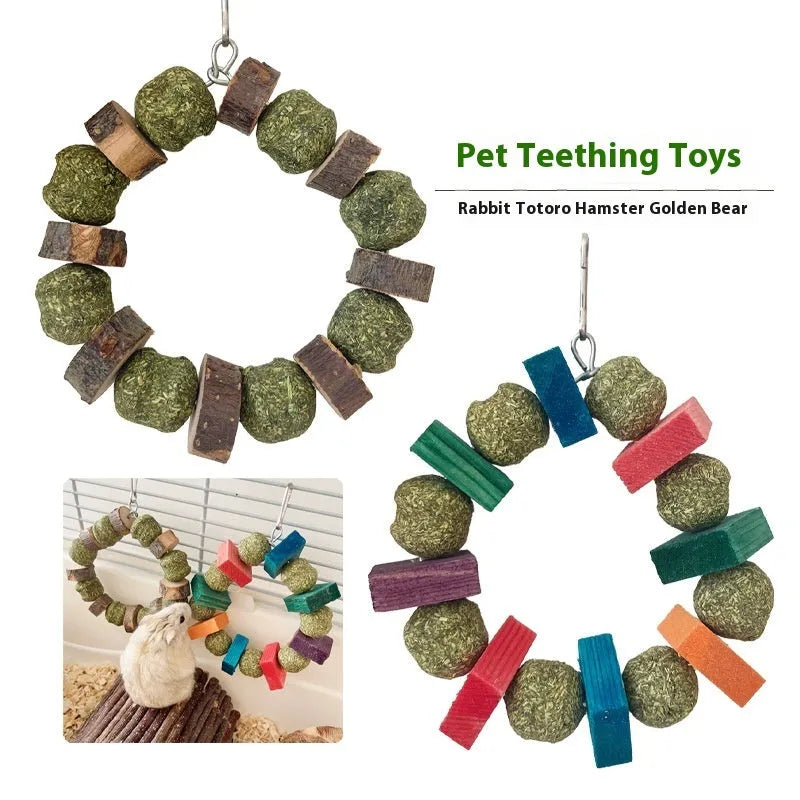Hamster chew toy with a straw ball ring and natural applewood molar rod on a white background.