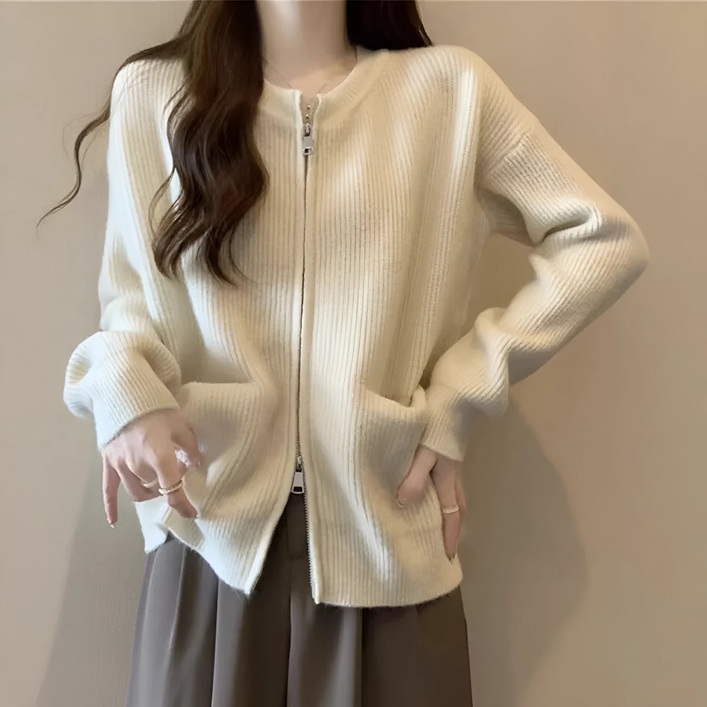 Beige soft glutinous viscose fibre sweater coat cardigan open front long sleeves