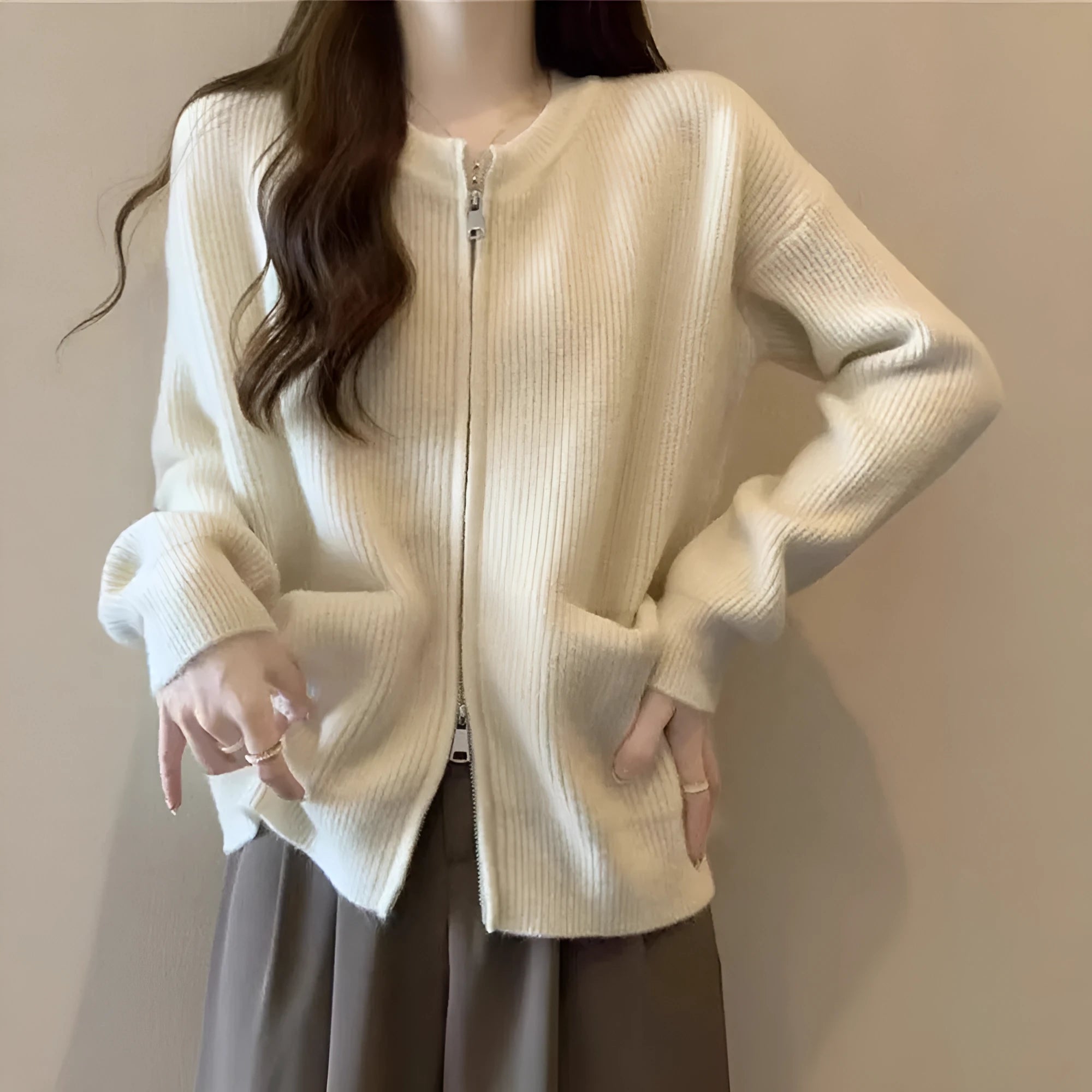 Beige soft glutinous viscose fibre sweater coat cardigan open front long sleeves