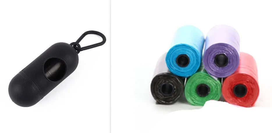Pet waste bags in six colours showing black, blue, green, light blue, pink and red options