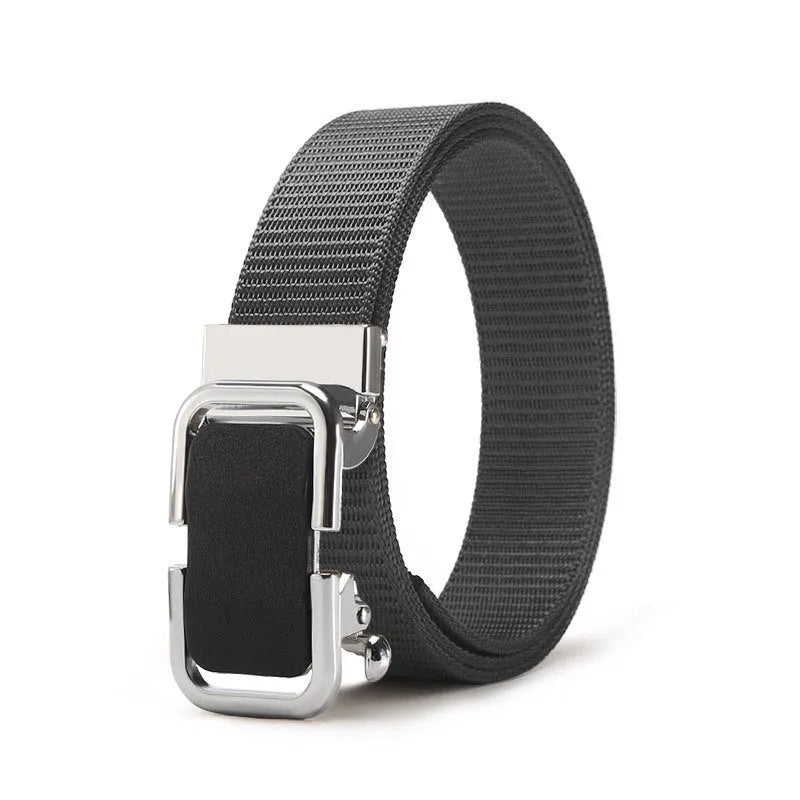 Toothless nylon canvas men's belt with alloy buckle shown in multiple colour options