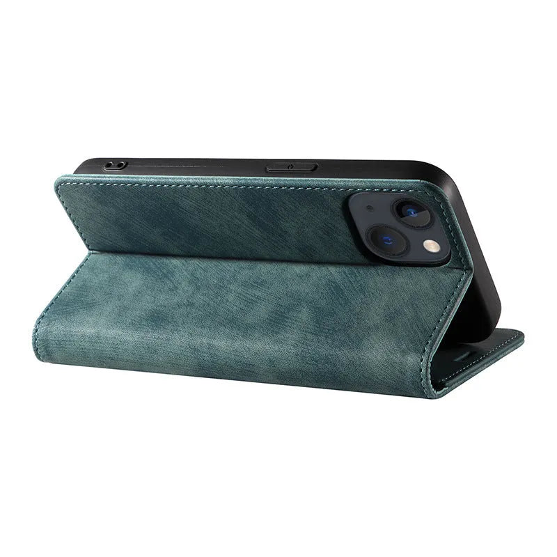 Magnetic flip phone case for iPhone in various colours showing leather and TPU construction