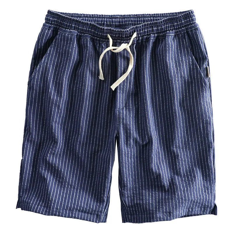 Men's striped cotton casual shorts showing straight-leg design and mid-waist fit