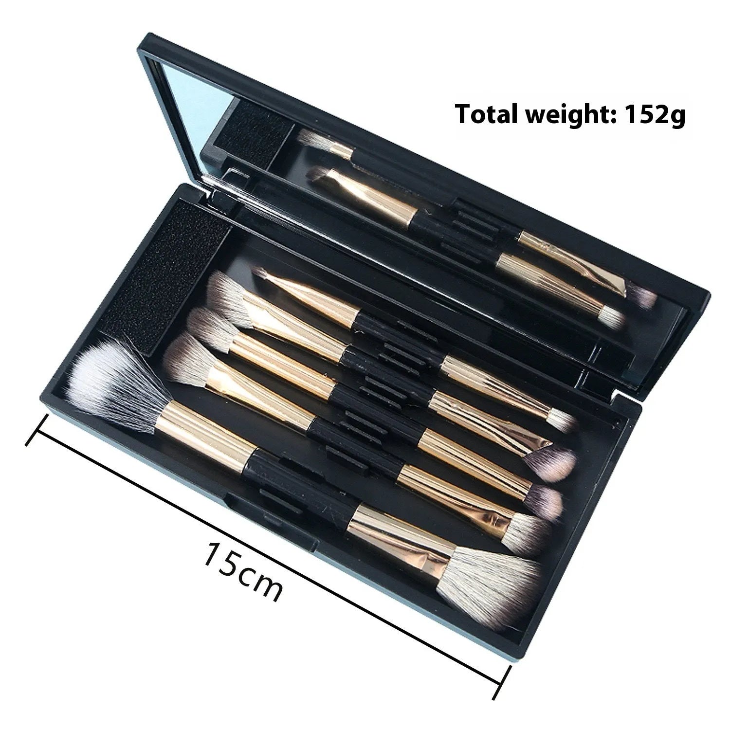 Portable makeup brush set with mirror showing eyeshadow brushes with artificial fibre bristles