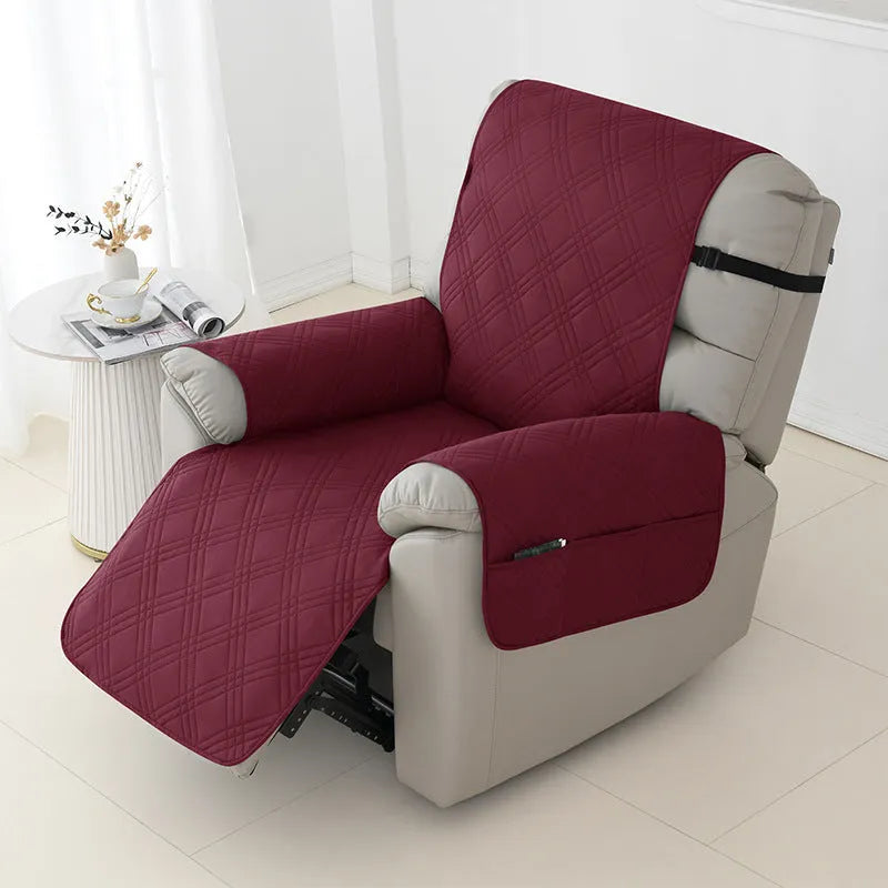 Quilted waterproof sofa cover for Chivas massage chair in burgundy colour with three-line stitching pattern