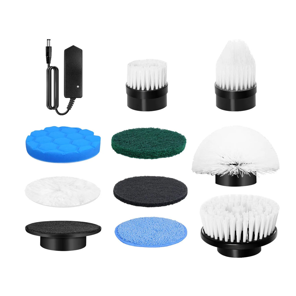 White rechargeable handheld cleaning brush with USB cable on a plain background