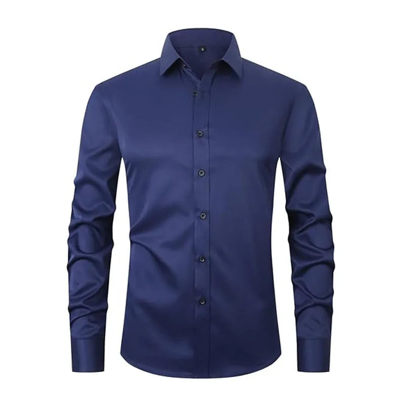 Man wearing a stretch long sleeve polyester work shirt in a neutral colour.