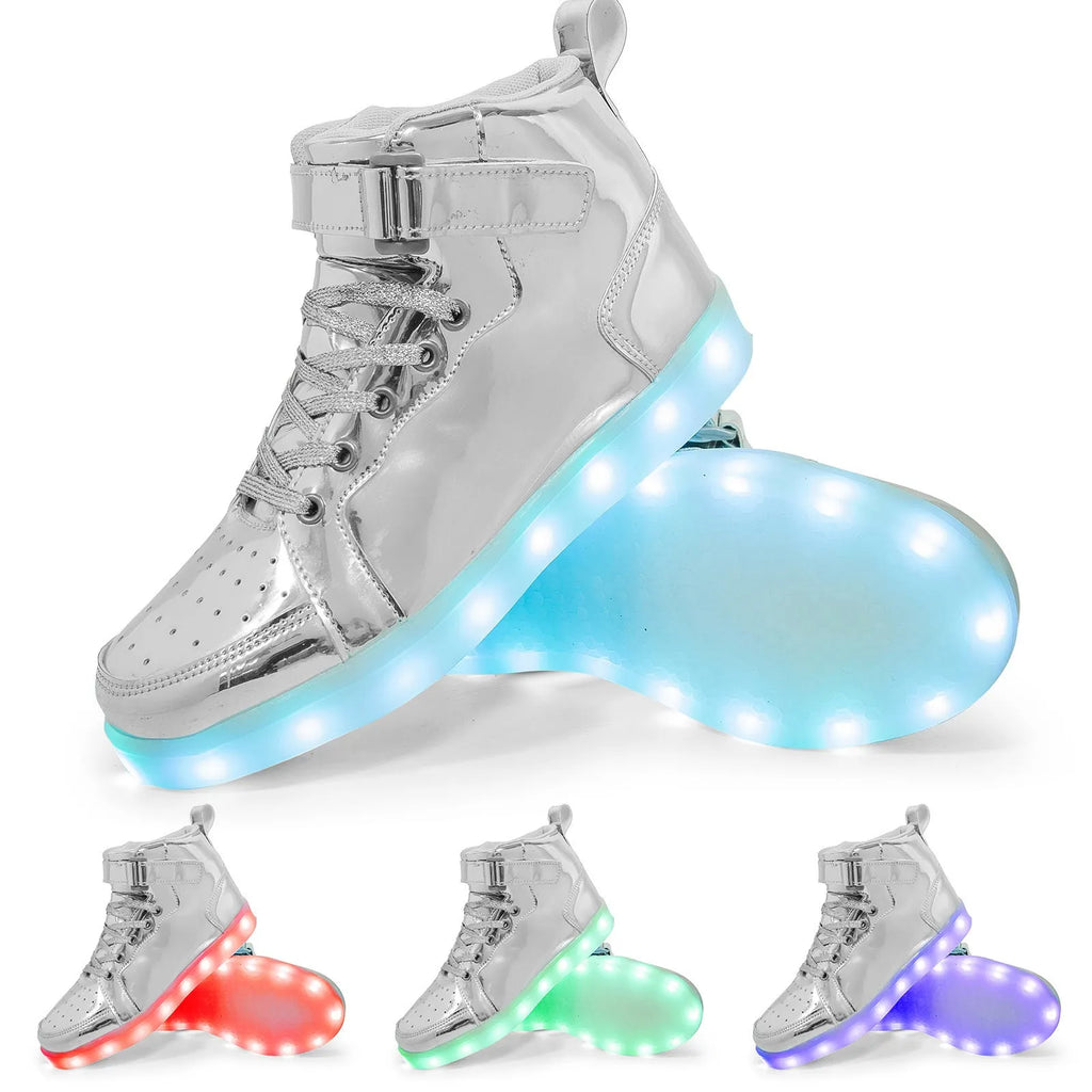 Black high-top LED light-up sneakers with velcro straps and a lit sole.