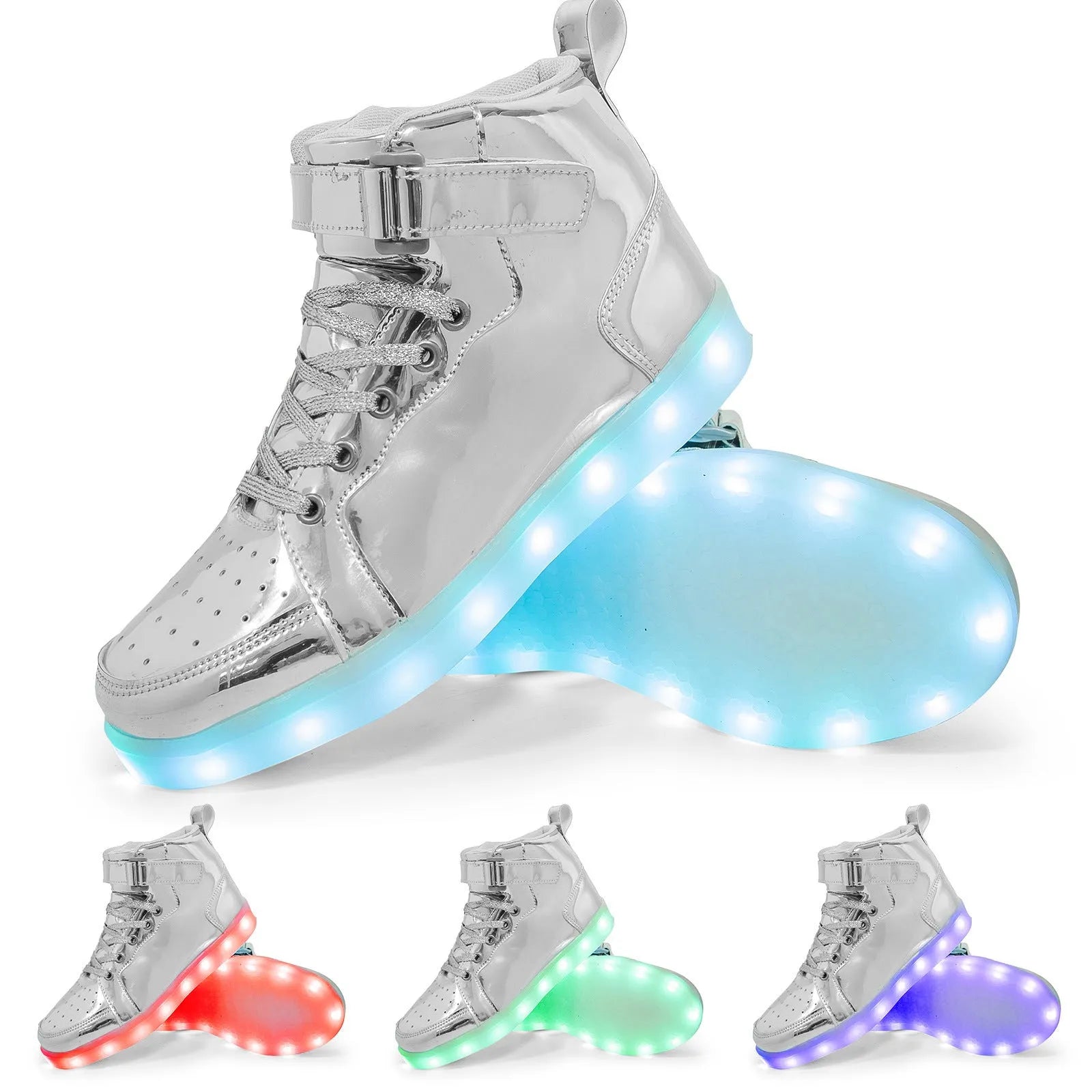 Black high-top LED light-up sneakers with velcro straps and a lit sole.