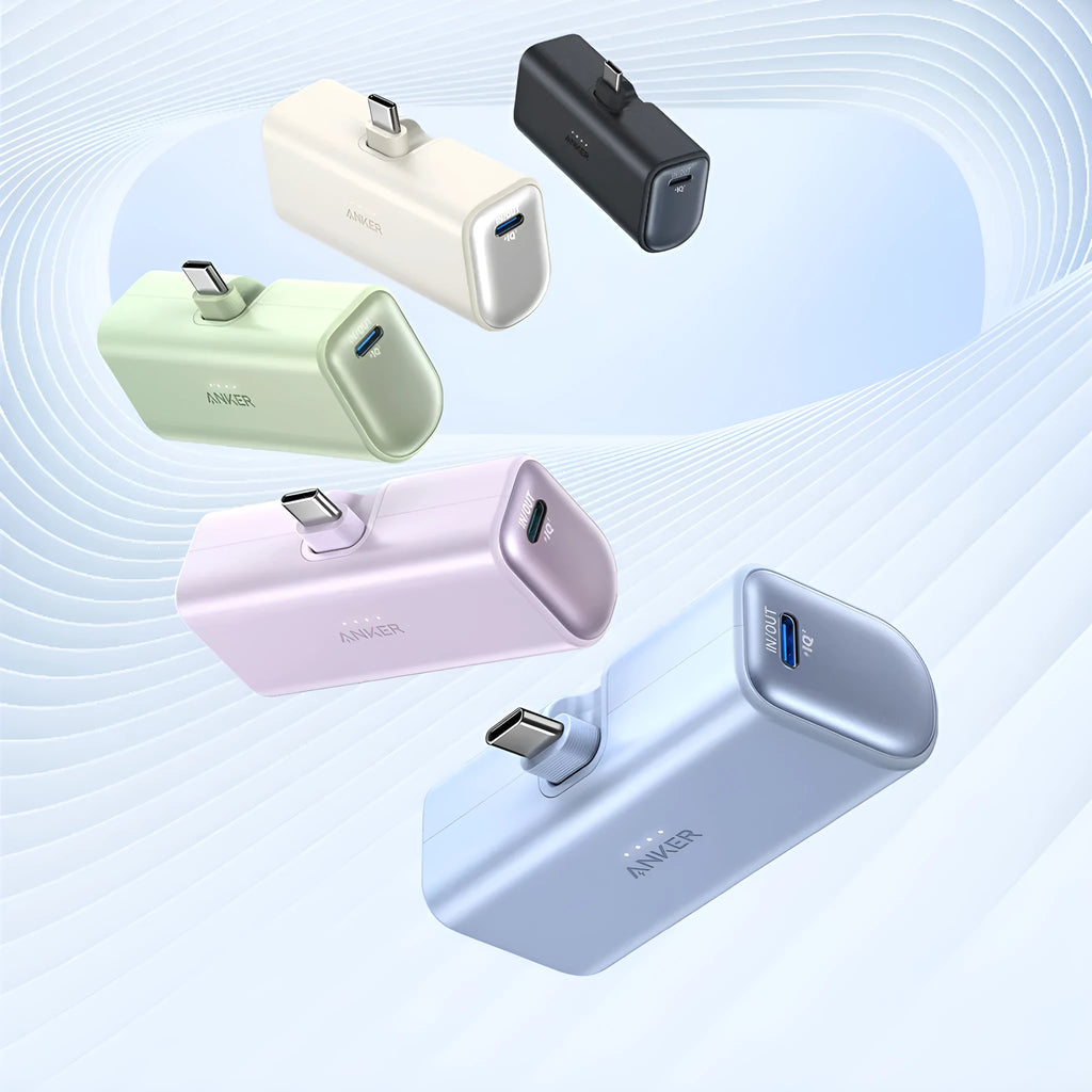 Compact capsule-shaped power bank in five colours with a foldable Type-C cable attached