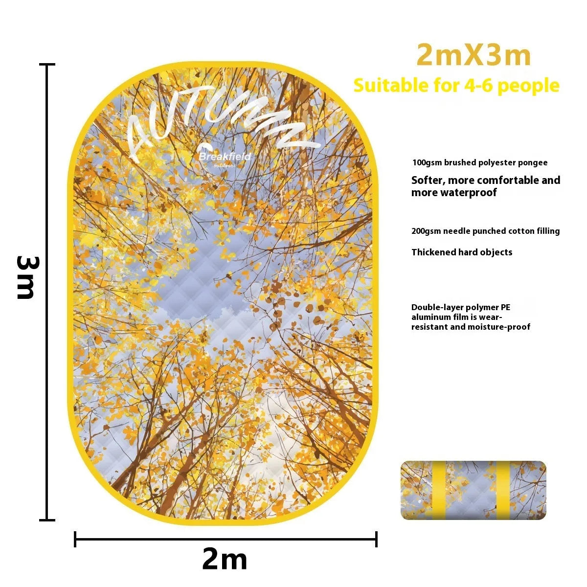 Large rectangular waterproof picnic mat with a brushed fabric texture, shown folded and in use outdoors.