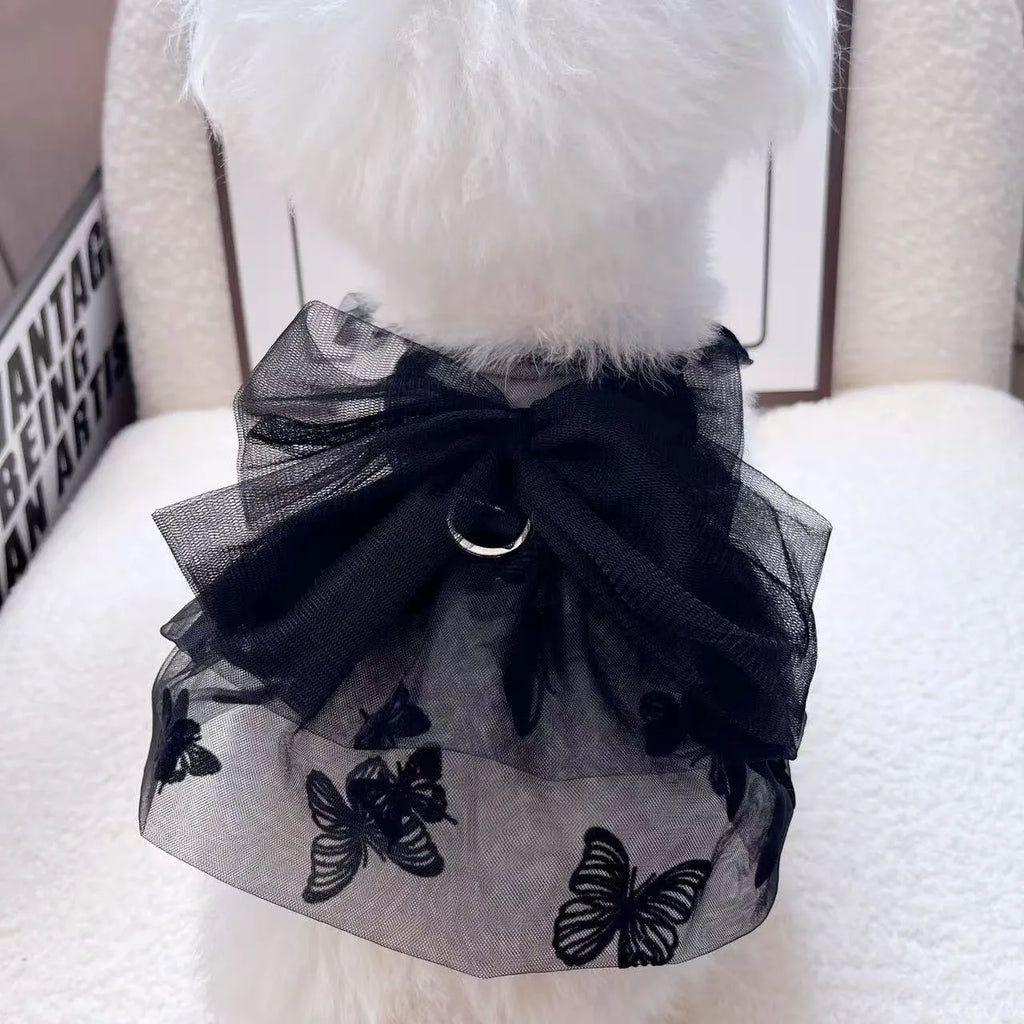 Black gauze princess tulle skirt for a small dog or cat, showing the pet clothing item.
