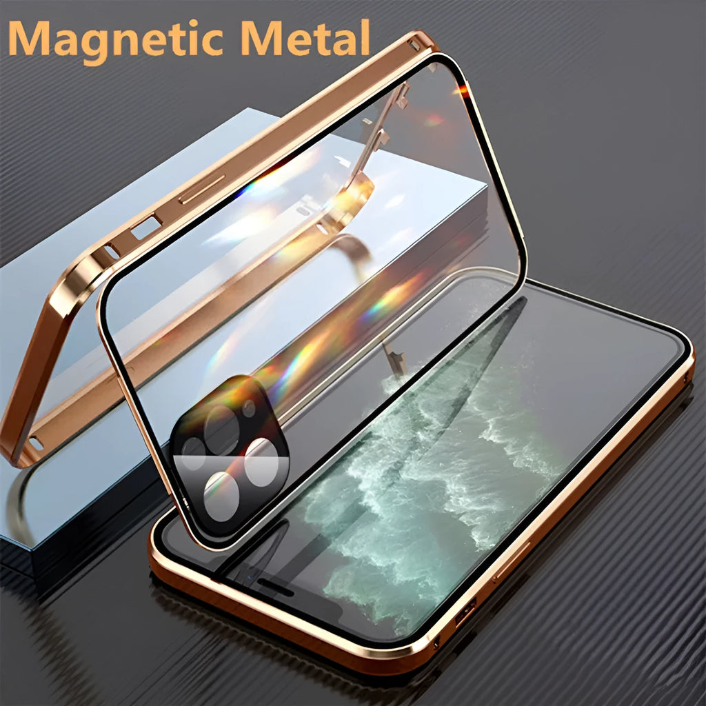 Aluminium metal frame and tempered glass protective bumper case for Apple iPhone in black, blue, red, or silver.