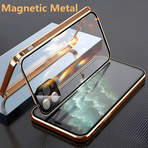 Aluminium metal frame and tempered glass protective bumper case for Apple iPhone in black, blue, red, or silver.