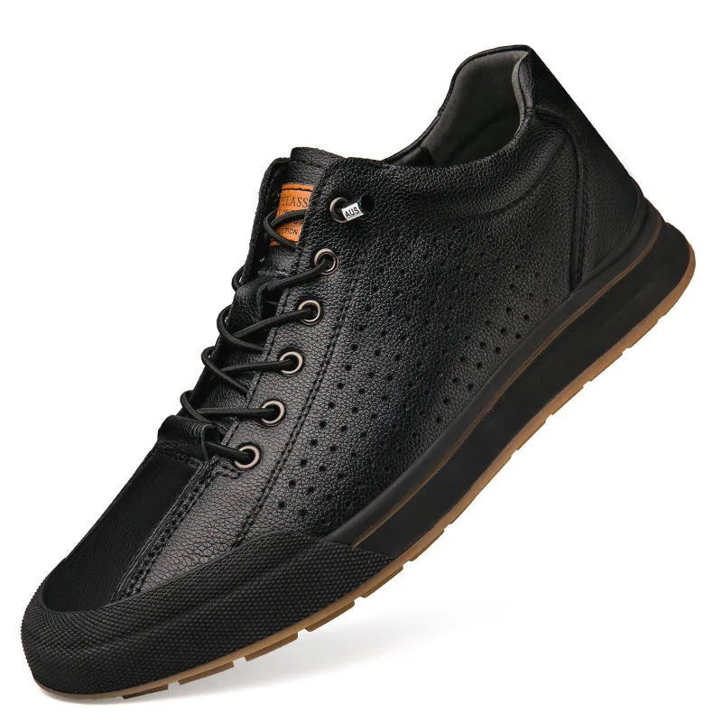 Men's white and black matte leather casual shoes with flat heels and round toes, showing hollow-out and fleece-lined style options.