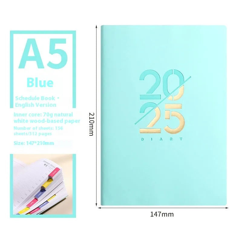 A5 soft faux leather daily schedule book open showing Dorian paper pages