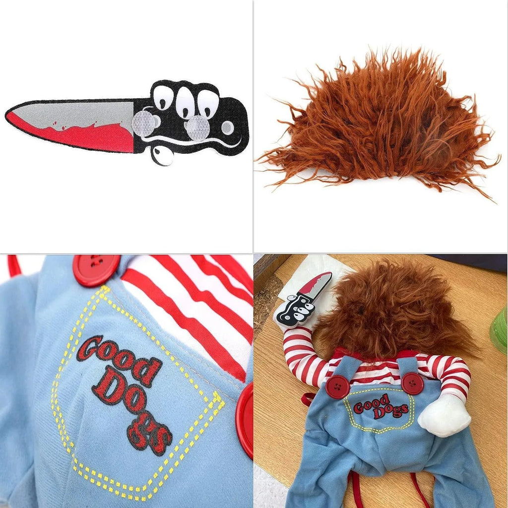 Striped Halloween harness pants costume for dogs and cats with toy knife accessory