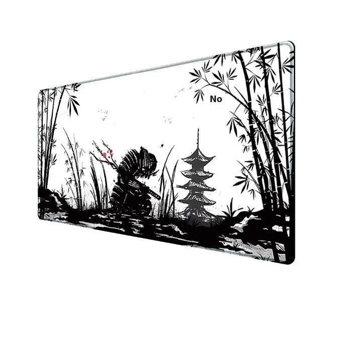 Japanese Samurai design cloth gaming mouse pad with non-slip base on a desk.