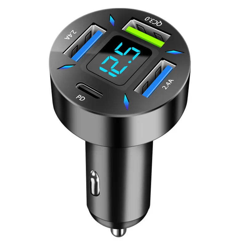 Four-port USB car charger with digital display for vehicle use