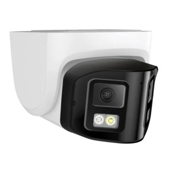 4MP dual-lens panoramic CCTV security camera with IP66 rating for outdoor use.