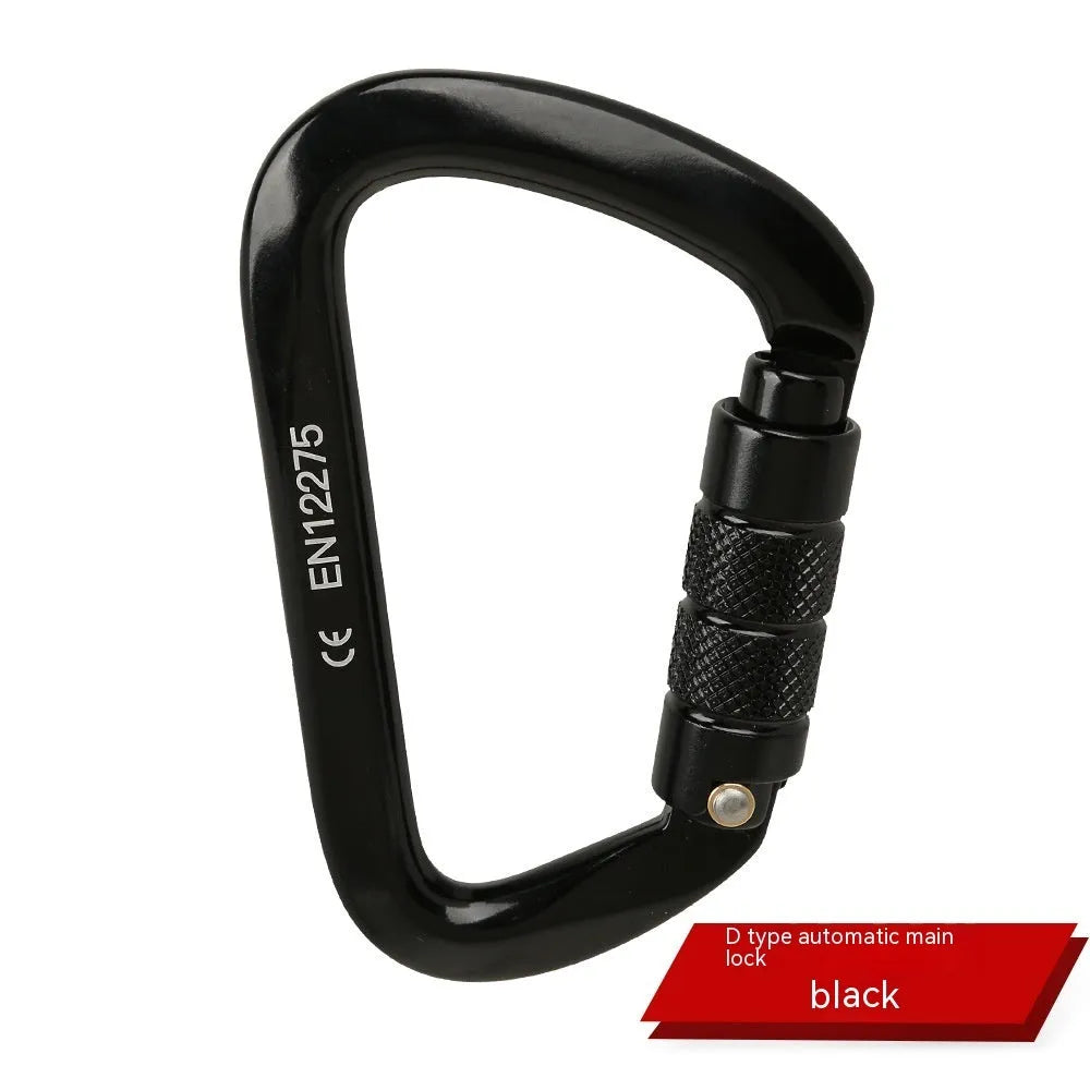 D-shaped climbing carabiner main lock in colours: black, blue, orange, red, silver red with automatic or threaded gate.