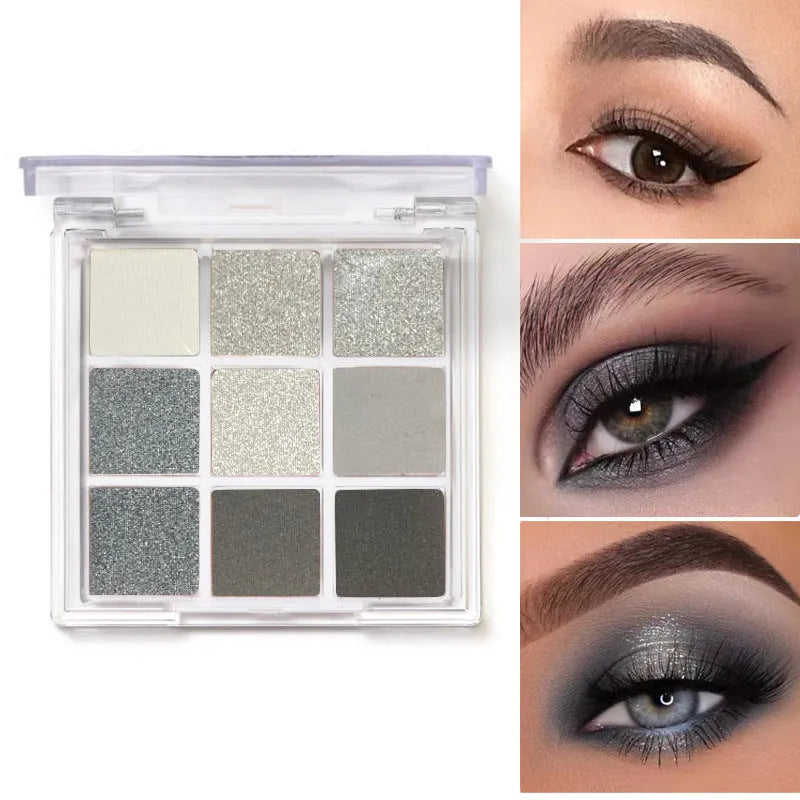 Smoked nine-colour eye shadow palette showing white, silver, black, and iron grey shades in CZ0069-9 compact