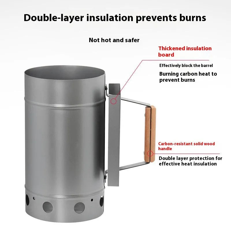 Zinc-iron alloy outdoor charcoal fire lighter with carbon bucket design for barbecues.