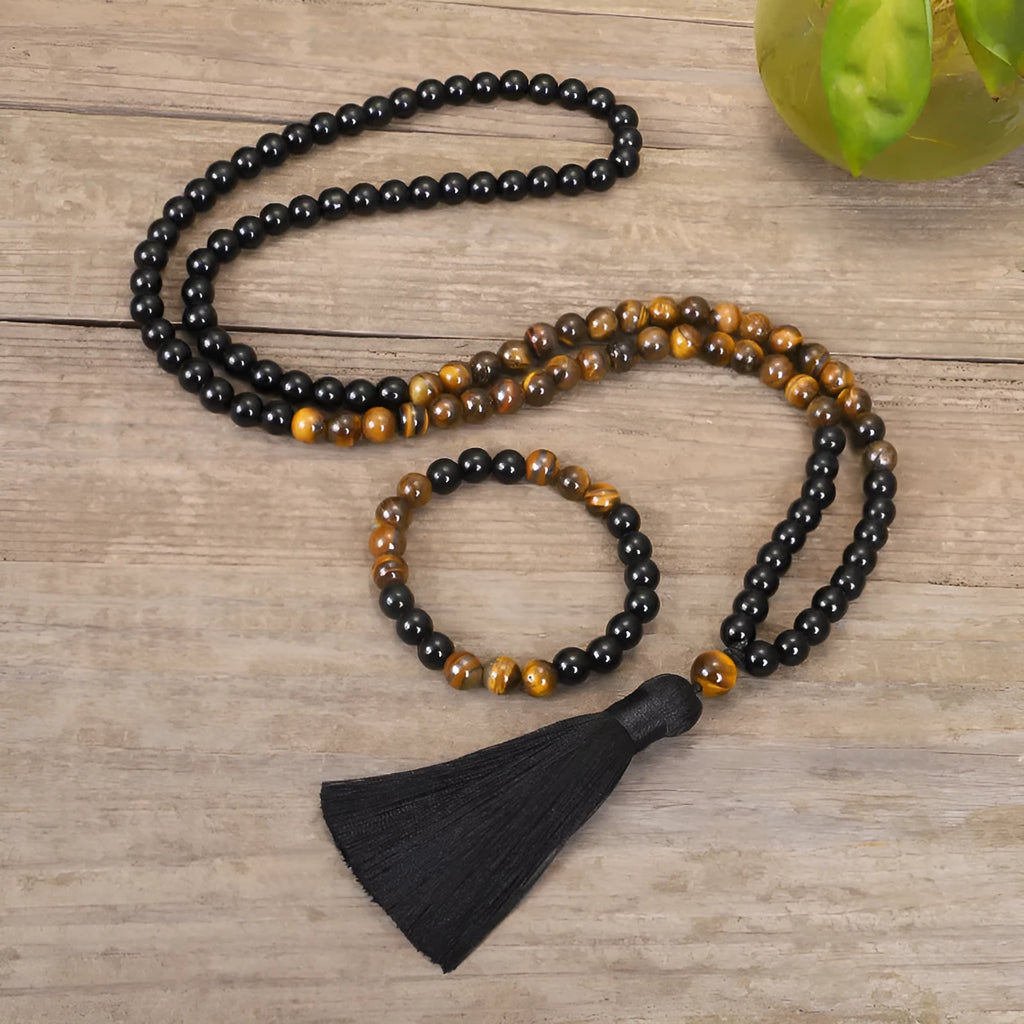 Tiger eye stone tassel pendant necklace bracelet with drop shape design and ball bead chain
