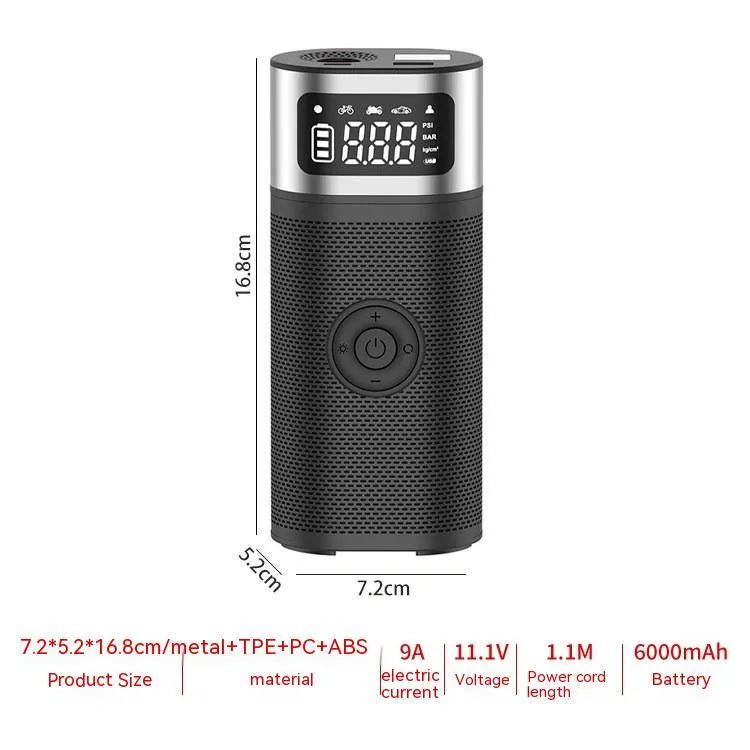 Black portable wireless smart vehicle air pump with USB-C cable and multiple nozzles on a grey background.