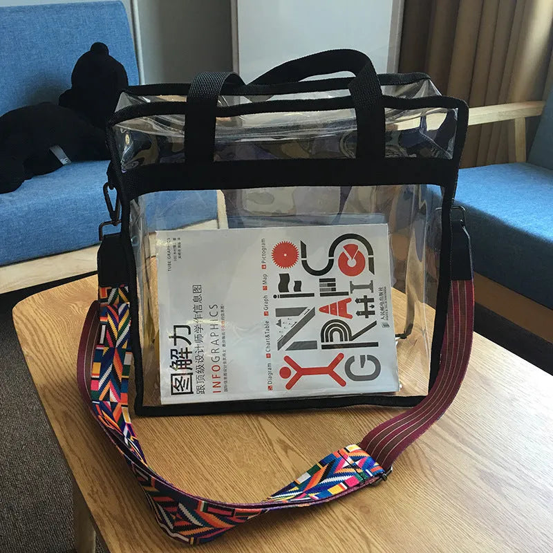 Women's transparent PVC shoulder messenger bag with double straps and side net pocket