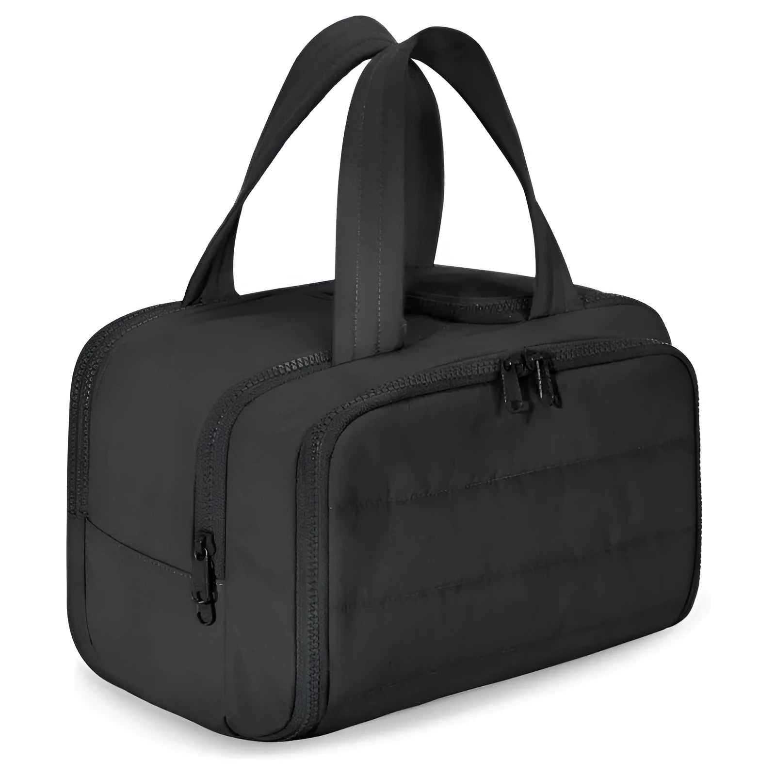 Large wide open travel toiletry bag in lightweight polyester with fluffy texture, showing interior space