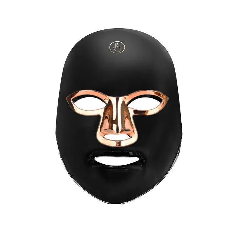 Rechargeable LED light therapy facial beauty mask in black, white, or rose gold trim.