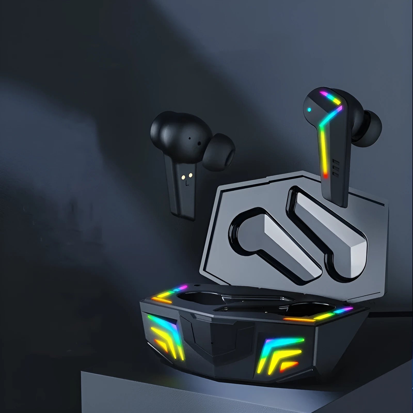 Black TWS wireless Bluetooth in-ear headset with NFC touchpoint.