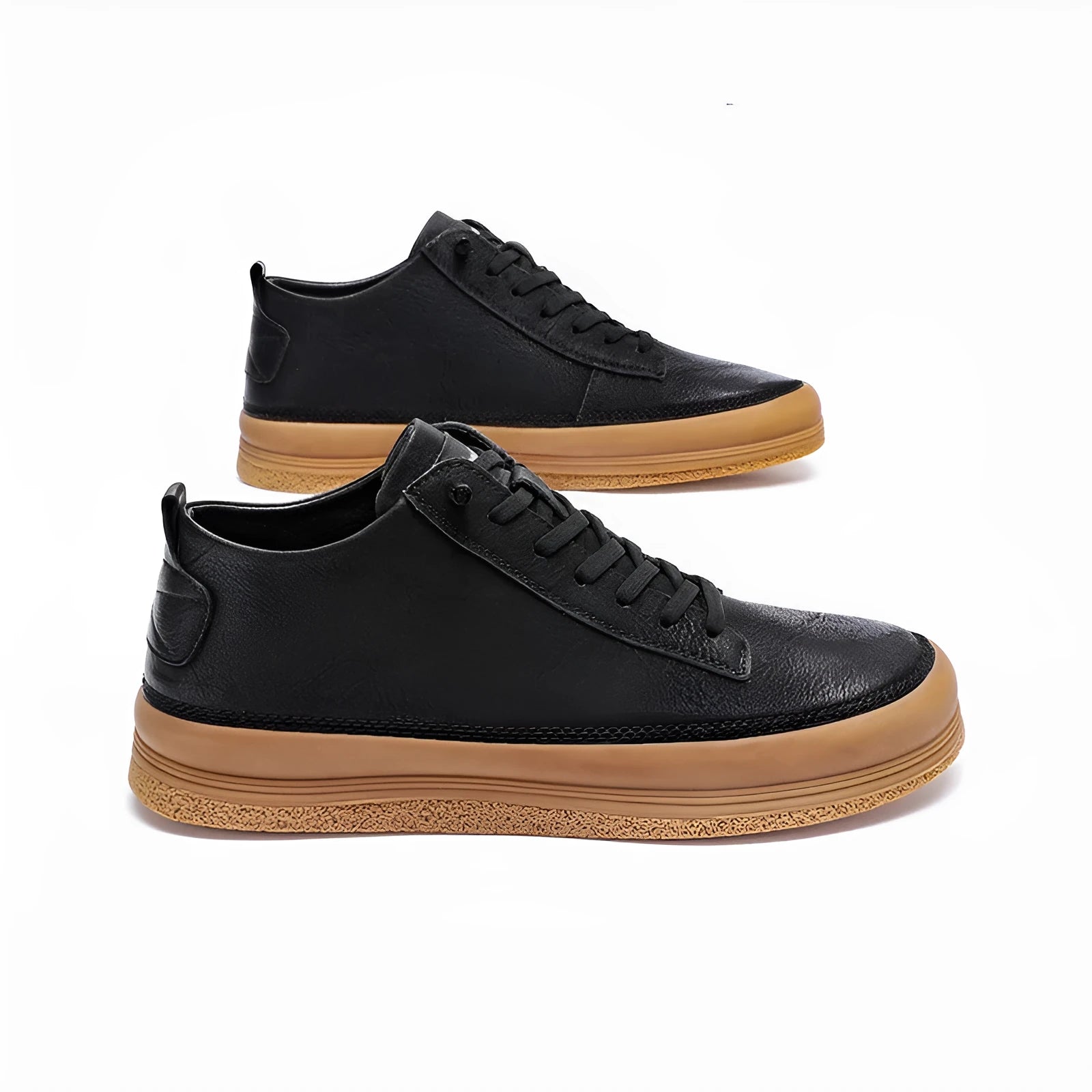 Men's black leather casual shoes with white stitching and lace closure on a white rubber sole