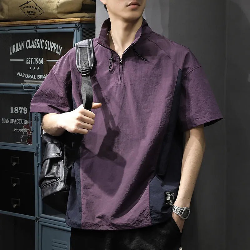 Brown men's casual business shirt with a half-zipped stand collar and short sleeves.