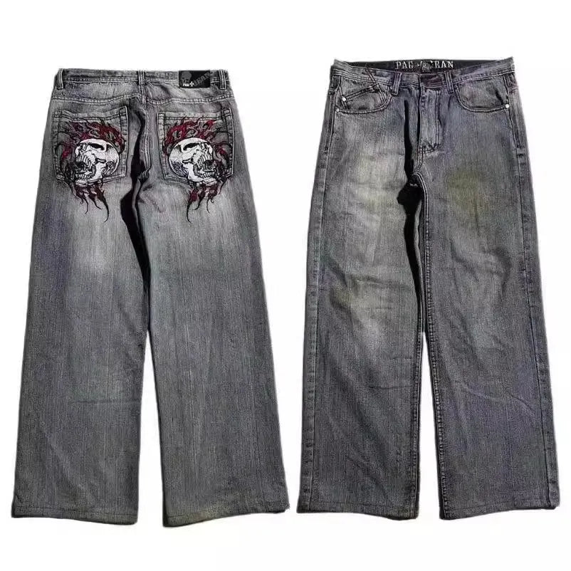 Men's grey washed-out denim jeans with wide-leg workwear design and straight-leg style