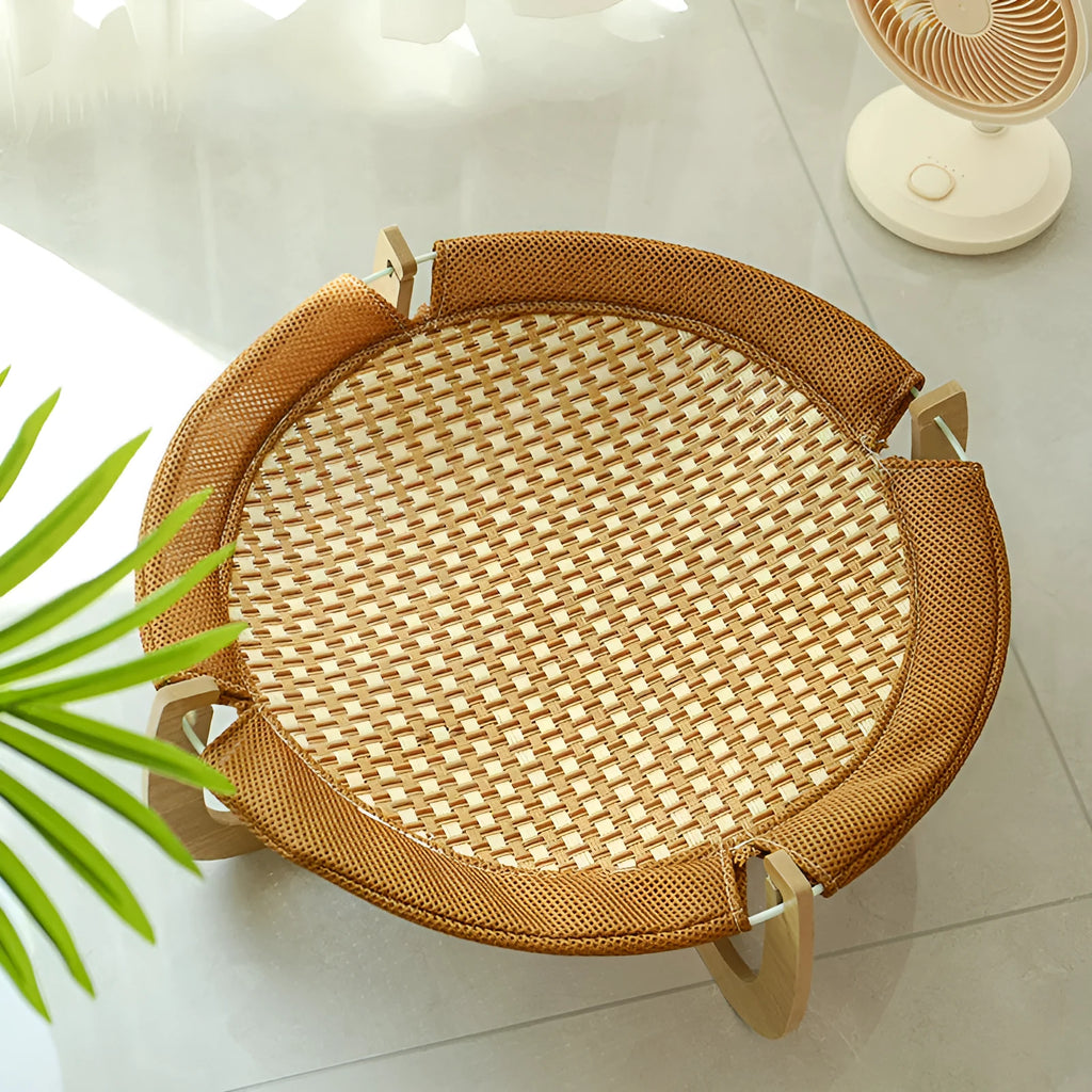 Brown woven rattan pet hammock bed measuring 46cm square with 17.5cm height