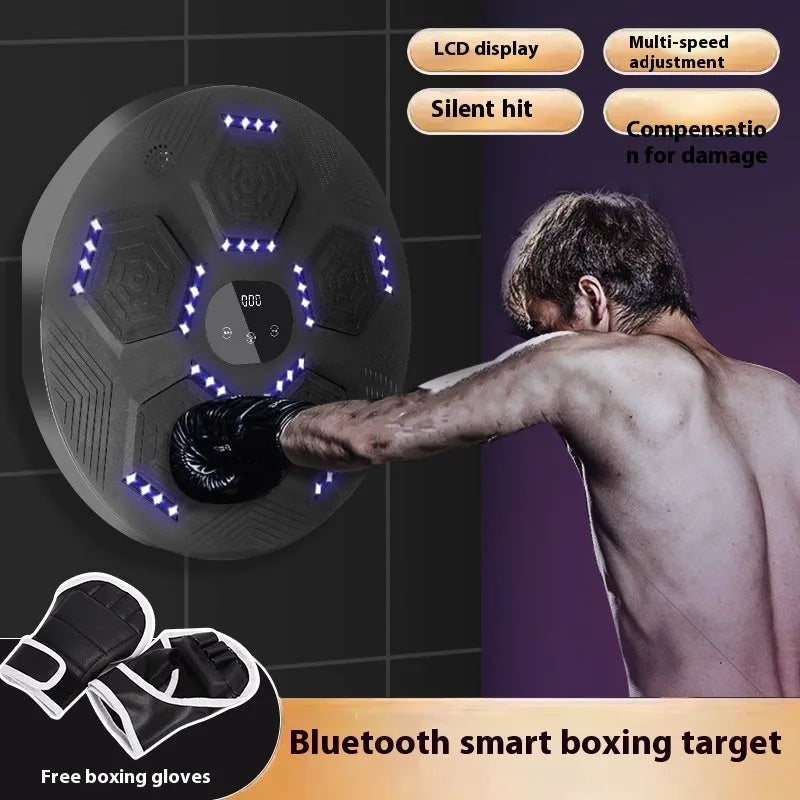 Smart wall-mounted boxing reaction target with LED lights on a grey PU surface.