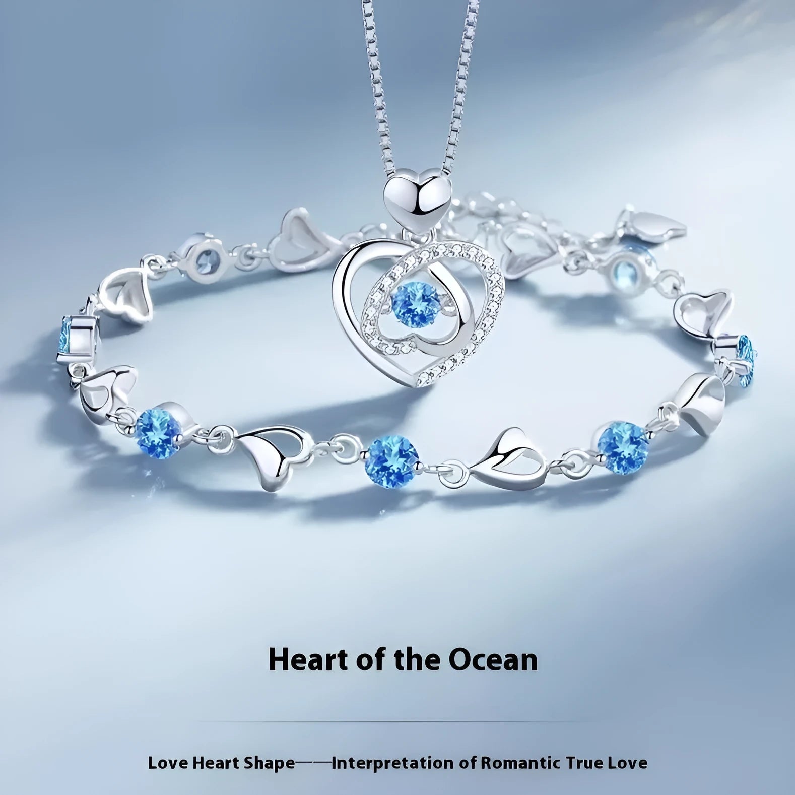 Blue diamond geometric heart pendant necklace and bracelet set on electroplated copper chain