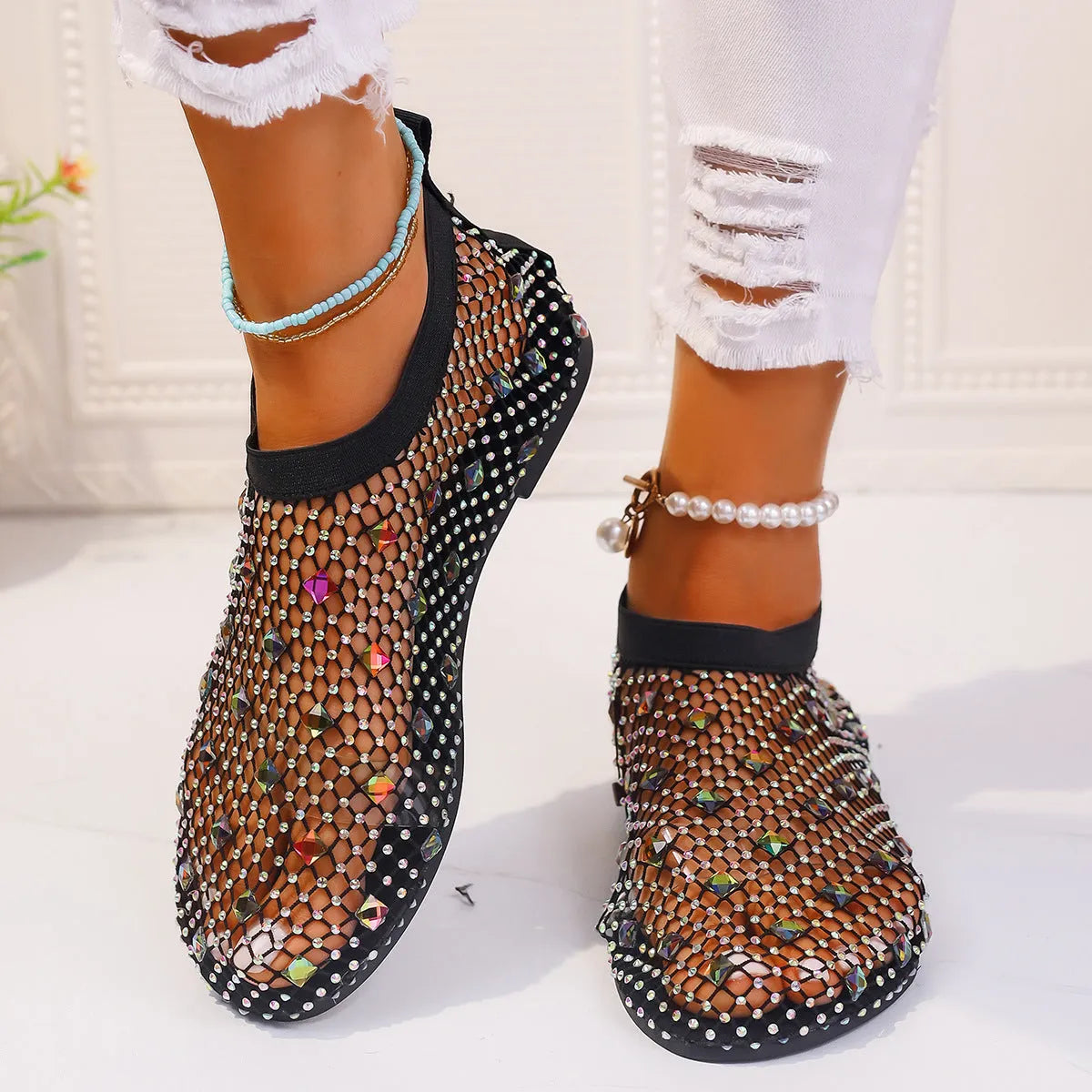 Women's colourful rhinestone mesh flat sandals with rubber sole