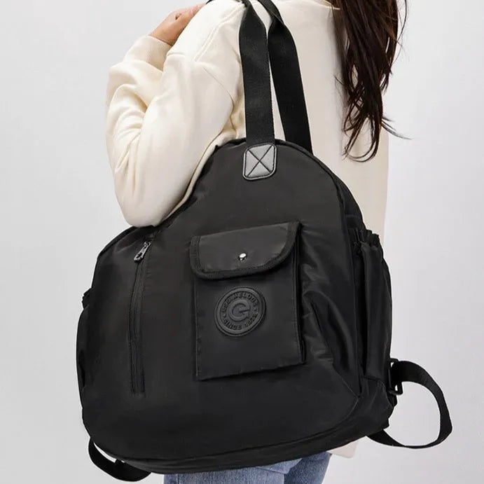 Outdoor backpack with sandwich pocket design in black, khaki, or green letters colours