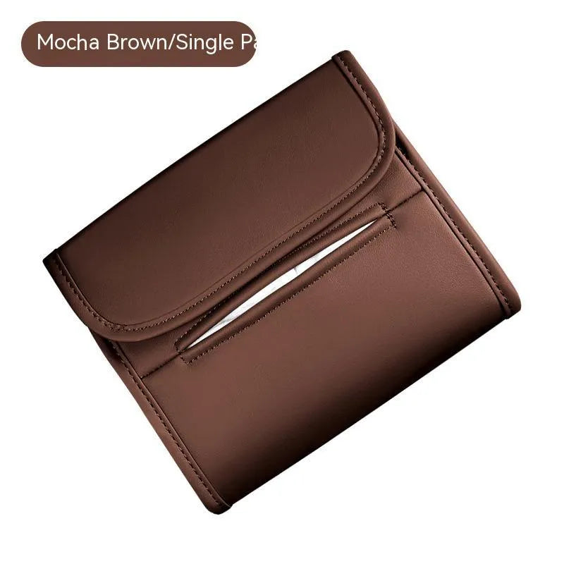 Leather car tissue box organiser with elastic band for sun visor or chair back mounting