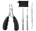 Stainless steel nail clippers set with red, blue, and black ABS handles and grooming accessories.