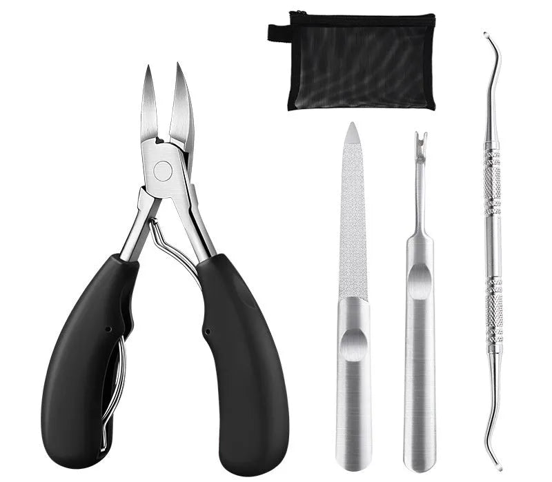 Stainless steel nail clippers set with red, blue, and black ABS handles and grooming accessories.