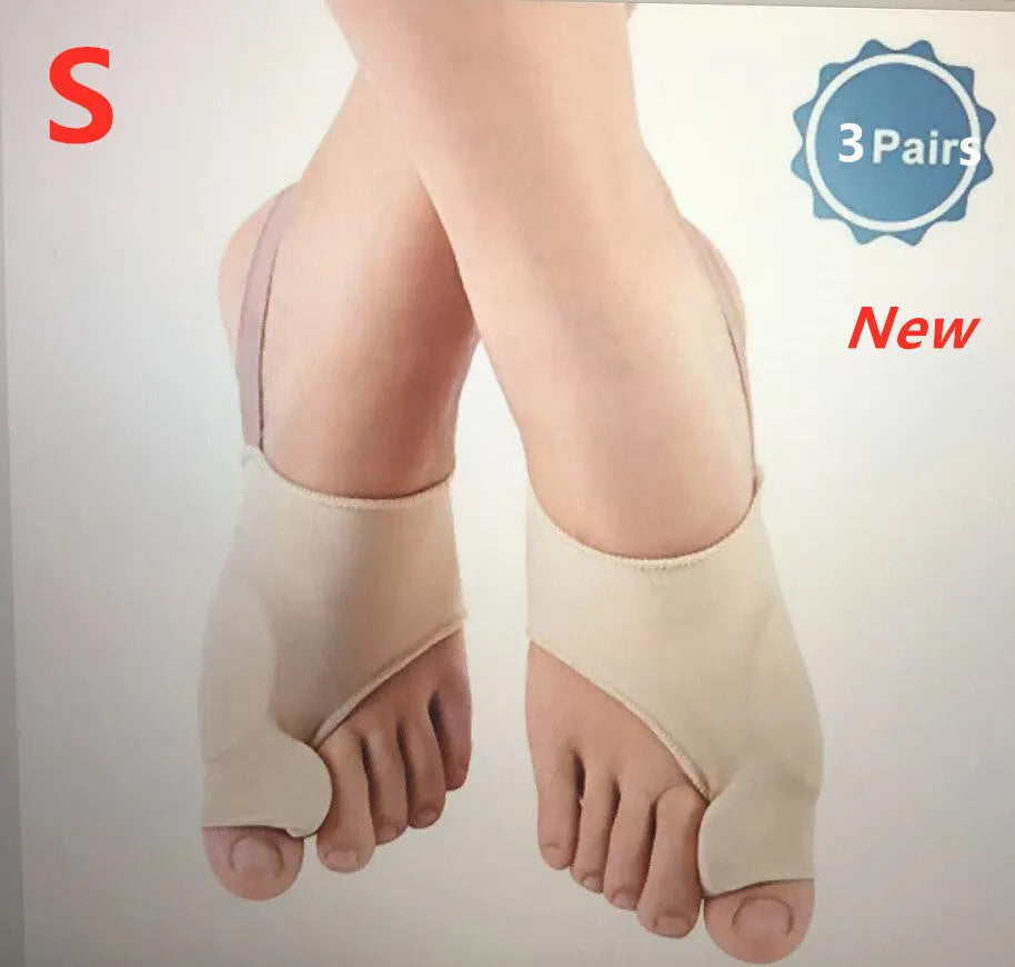 A pair of stretch fabric bunion socks with a soft gel pad and silicone toe separator in sizes small, medium, and large.
