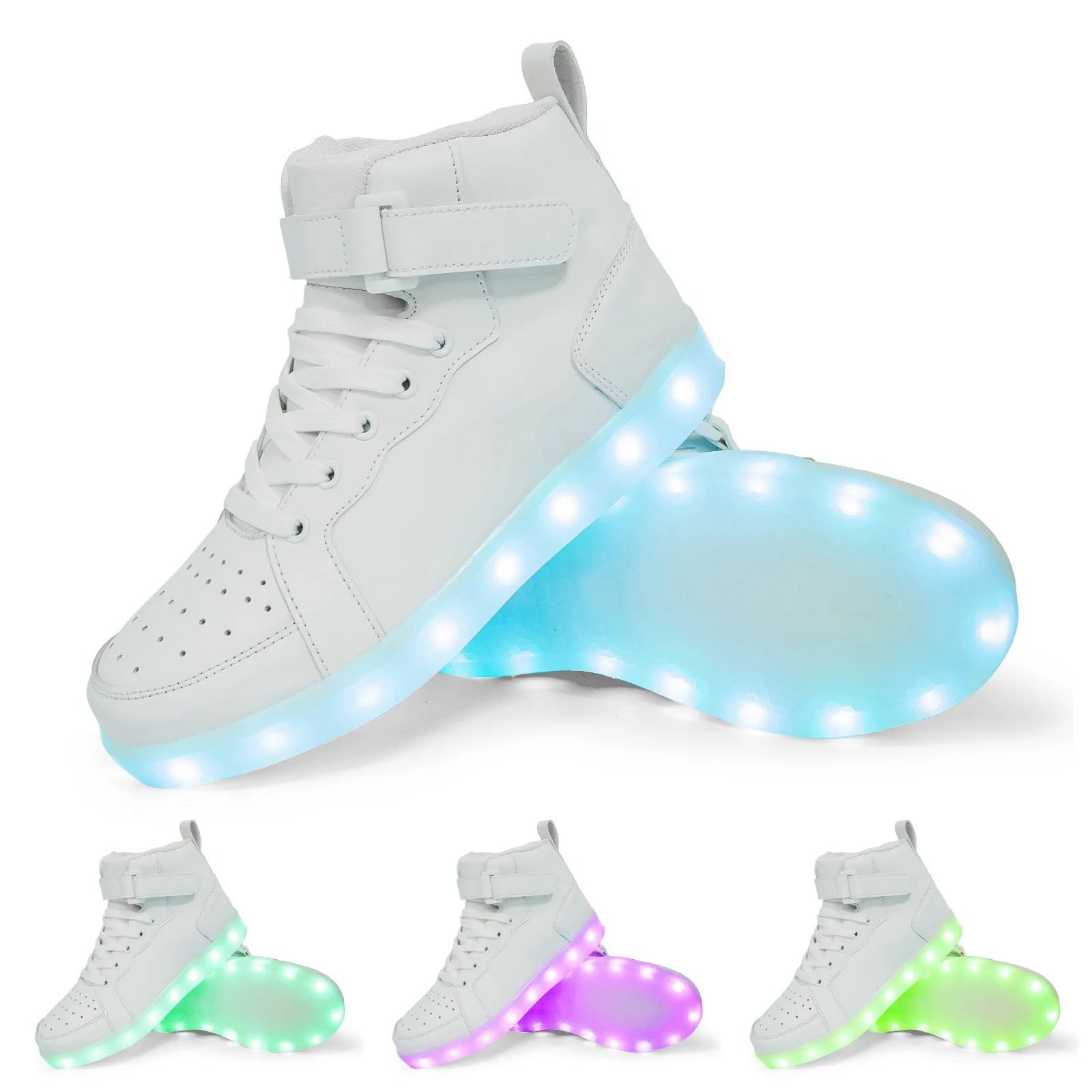 Black high-top LED light-up sneakers with velcro straps and a lit sole.