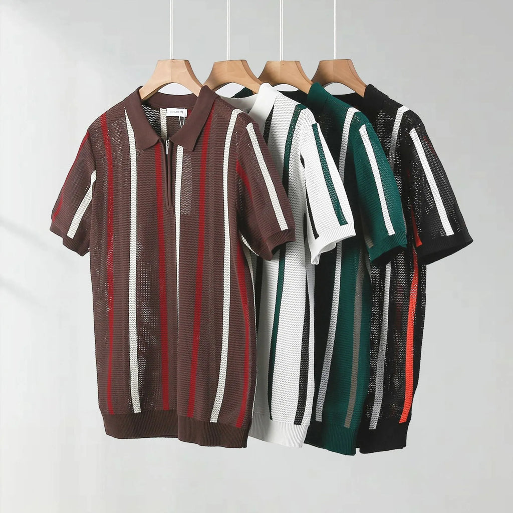 Men's black hollow mesh short-sleeved polo shirt with zipper decorations and loose knitting style
