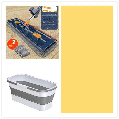 Large flat mop with long stainless steel handle and blue cleaning cloth on hard floor